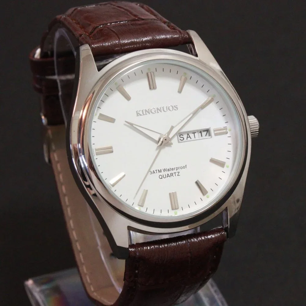 Men's Contemporary Dress Watch Silver Case Brown Leather Watch Strap 40mm - Picture 2 of 12